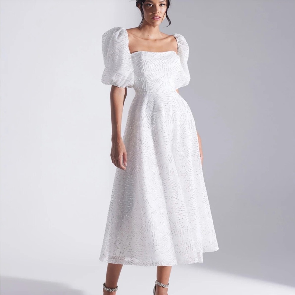 White Bridal Midi Dress Puff Sleeve Wedding Dress Fits 36 Medium A-Line Sparkle